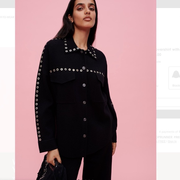 Maje Knit Overshirt with Eyelets Black and Silver Cardigan with Studded Grommets - Picture 5 of 11